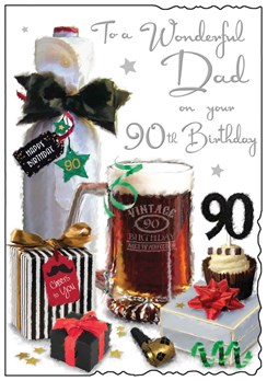 Dad 90th Birthday Card - Beer Tankard Presents and Cupcake with Foil 9x6.25" Dad 90th Birthday Card - Beer Tankard Presents and Cupcake with Foil 9x6.25"