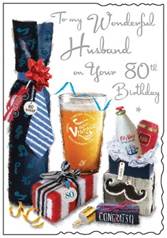 Jonny Javelin Husband 80th Birthday Card - Beer & Presents Silver Foil 9x6.25"