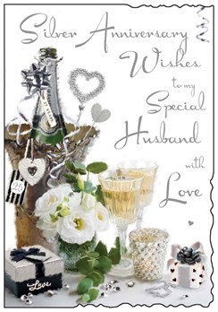 Husband Silver 25th Wedding Anniversary Card - Champagne Bucket 9x6.25"