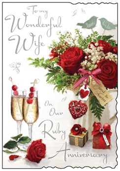 Jonny Javelin Wife Ruby 40th Wedding Anniversary Card - Roses & Glasses 9x6.25"