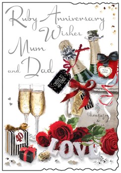 Mum & Dad Ruby 40th Wedding Anniversary Card - Champagne & Glasses 9x6"