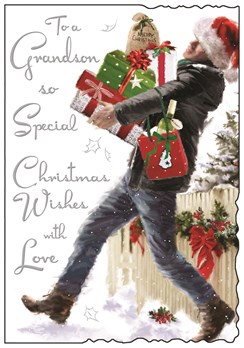 Jonny Javelin Grandson Christmas Card - Man with Presents Silver Foil 9x6.25"