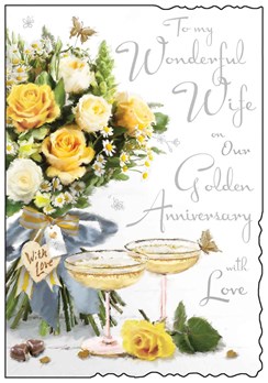 Jonny Javelin Wife Golden 50th Wedding Anniversary Card - Roses Glasses 9x6.25"