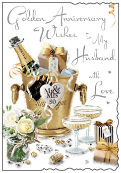 Husband Golden 50th Wedding Anniversary Card - Champagne Bucket 9x6.25" Husband Golden 50th Wedding Anniversary Card - Champagne Bucket 9x6.25"