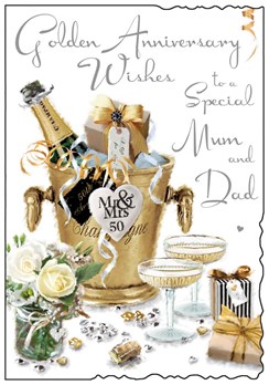 Mum & Dad Golden 50th Wedding Anniversary Card - Champagne Bucket 9"x6.25" Mum & Dad Golden 50th Wedding Anniversary Card - Champagne Bucket 9"x6.25"