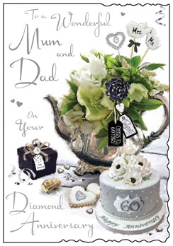 Mum & Dad Diamond 60th Wedding Anniversary Card - Flowers & Cake 9x6.25"
