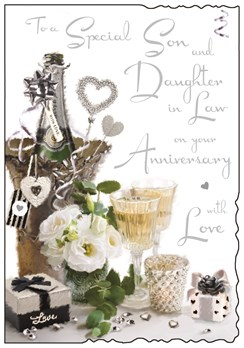 Jonny Javelin Son & Daughter-in-Law Anniversary Card - Champagne & Roses 9x6.25"