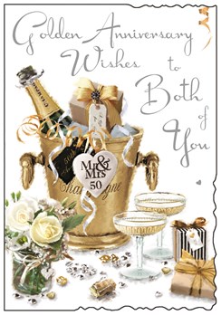 Jonny Javelin Golden 50th Wedding Anniversary Card - Champagne Glasses 9"x6.25"