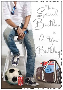 Jonny Javelin Brother Birthday Card - Man with Football Gym Bag and Foil 9x6.25"