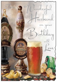 Jonny Javelin Husband Birthday Card - Beer Taps, Pint Glass & Crisps 9" x 6.25"