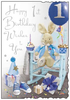 Jonny Javelin Age 1 Boy Birthday Card - Blue Chair Rabbit & Gifts  9" x 6.25"