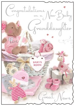 Jonny Javelin New Baby Granddaughter Greetings Card - Pink Toys Basket 9"x6.25"
