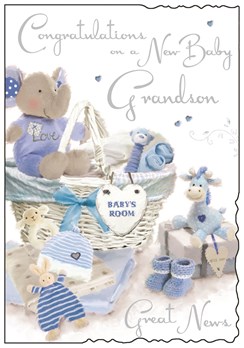 Jonny Javelin New Baby Grandson Greetings Card - Blue Toys & Basket 9" x 6.25"