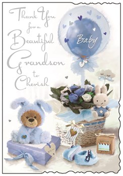 Jonny Javelin Thank You For Baby Grandson Card - Blue Toys & Roses 9" x 6.25"