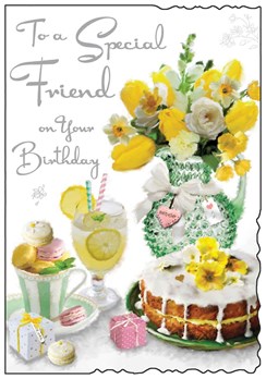 Jonny Javelin Special Friend Birthday Card - Lemon Cake and Flowers 9x6.25"