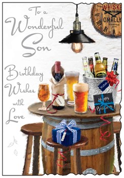 Jonny Javelin Son Birthday Card - Beer Barrel Table with Silver Foil 9x6.25"