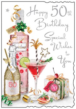 Jonny Javelin 50th Birthday Card - Pink Gin Cocktail Champagne Glitter 9"x6.25"