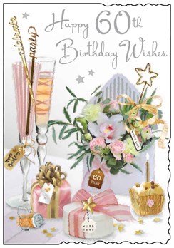 Jonny Javelin 60th Birthday Card - Champagne Flutes Flowers Silver Foil 9"x6.25"