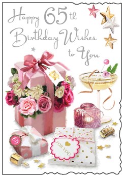 Jonny Javelin 65th Birthday Card - Flowers in Pink Box and Silver Foil 9"x6.25"