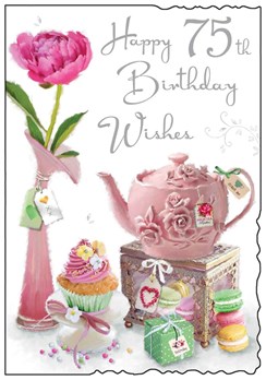 Jonny Javelin 75th Birthday Card Pink Teapot Flower with Glitter & Foil 9x6.25"