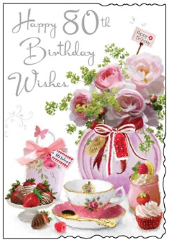 Jonny Javelin Age 80 Female Birthday Card - Flowers Strawberries Teacup 9x6.25"