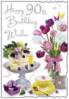 Jonny Javelin Age 90 Female Birthday Card - 90th Birthday Tulips Cake 9x6.25"