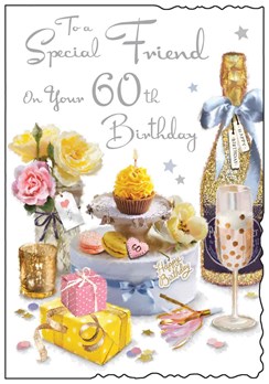 Jonny Javelin Special Friend 60th Birthday Card - Champagne Cake Flowers 9x6.25"