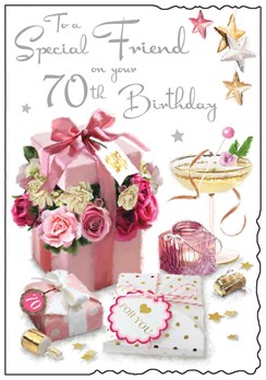 Jonny Javelin Special Friend 70th Birthday Card Pink Flower Box Cocktail 9x6.25
