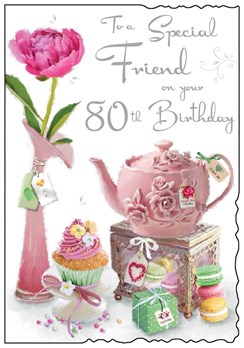 Jonny Javelin Special Friend 80th Birthday Card - Pink Teapot Flower Cake 9x6.25