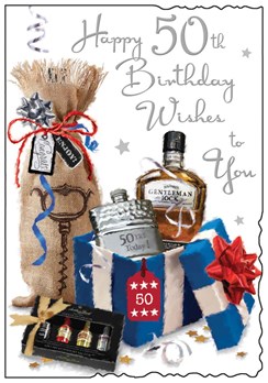 Jonny Javelin 50th Birthday Card - Age 50 Hip Flask Whisky Silver Foil 9"x6.25"