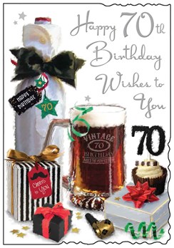Jonny Javelin 70th Birthday Card -Tankard Cupcake Presents Silver Foil 9x6.25