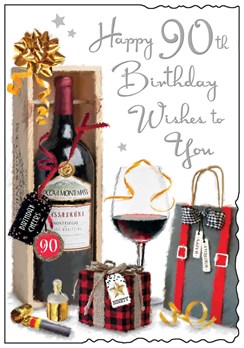 Jonny Javelin 90 Male Birthday Card - 90th Birthday Red Wine Silver Foil 9x6.25"