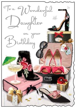 Jonny Javelin Daughter Birthday Card - Pink & Black Shoes Glitter Foil 9x6.25"