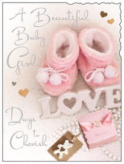 Jonny Javelin Birth Of Baby Girl Greetings Card - Pink Booties & Love 7.25x5.5"
