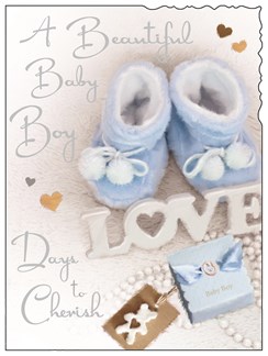 Jonny Javelin Birth Of Baby Boy Greetings Card - Blue Booties & Love 7.25"x5.5"