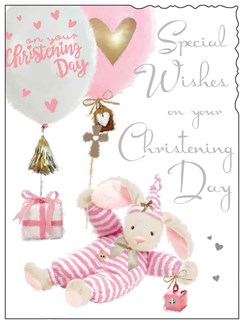 Jonny Javelin Baby Girl Christening Day Card - Pink Bear & Balloons 7.25" x 5.5"