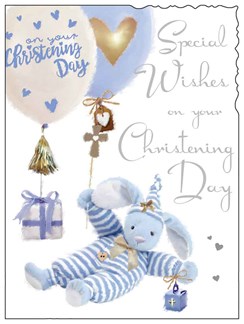 Jonny Javelin Baby Boy Christening Day Card - Bear & Balloons 7.25" x 5.5"