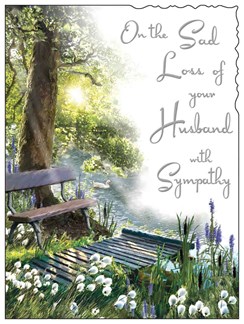 Jonny Javelin Loss of Husband Sympathy Card - Bench Under Tree by River 7.25x5.5