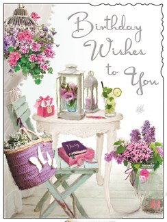 Jonny Javelin Floral Birthday Card - Patio Table Flowers & Silver Foil 7.25x5.5"