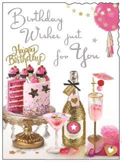 Jonny Javelin Open Female Birthday Card - Pink Cake & Gold Champagne 7.25x5.5"