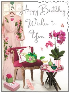 Jonny Javelin Open Female Birthday Card - Pink Orchid on Table & Kimono 7.25x5.5