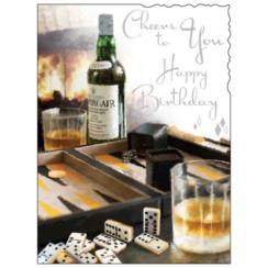 Jonny Javelin Open Male Birthday Card - Domino's & Whiskey Bottle 7.25" x 5.5"
