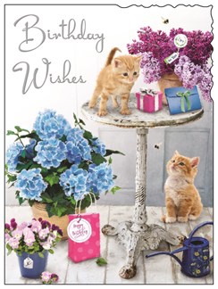 Jonny Javelin Female Birthday Card - Ginger Kittens Blue Lilac Flowers 7.25x5.5"
