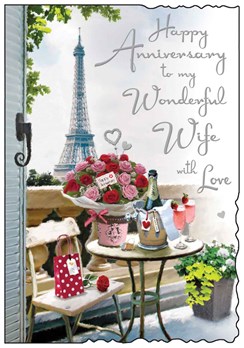 Jonny Javelin Wife Wedding Anniversary Card - Eifel Tower Roses Champagne 9x6.25