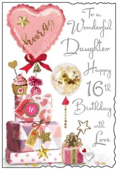 Jonny Javelin Daughter 16th Birthday Card - Pink Heart Balloon Silver Foil 9x6"
