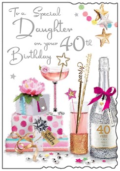 Jonny Javelin Daughter 40th Birthday Card - Glitter Cocktail's Silver Foil 9x6"