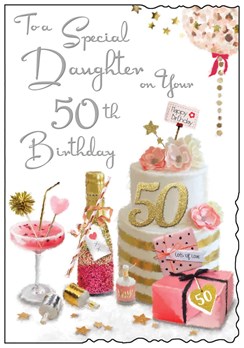 Jonny Javelin Daughter 50th Birthday Card Pink Cocktail Cake Glitter & Foil 9x6"