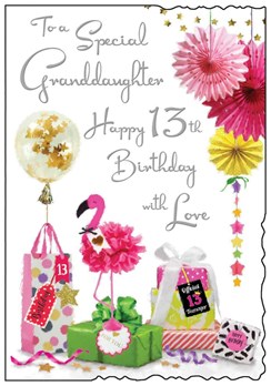 Jonny Javelin Granddaughter 13th Birthday Card - Flamingo Gifts Silver Foil 9x6"