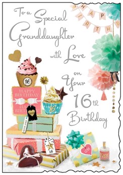 Jonny Javelin Granddaughter 16th Birthday Card Cupcakes Glitter Silver Foil 9x6"