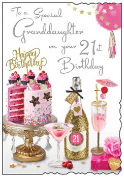 Jonny Javelin Granddaughter 21st Birthday Card - Pink Cake Champagne 9x6.25"
